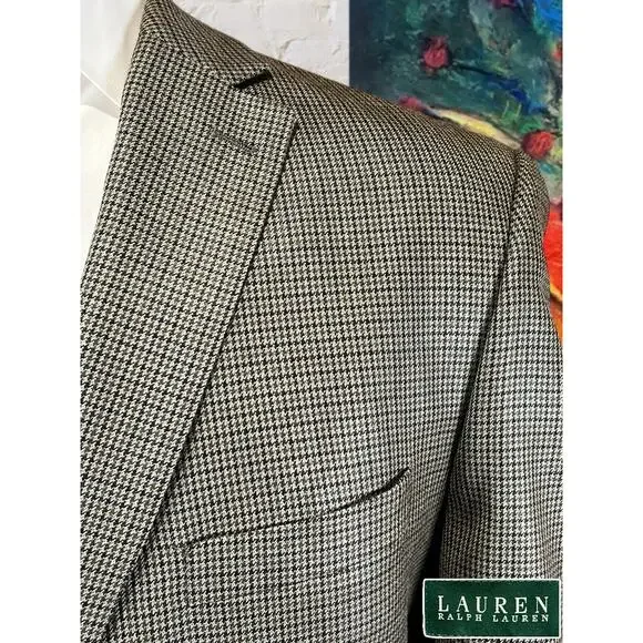 Ralph Lauren LRL Mens 48L Tan Brown Houndstooth Silk Wool Blazer Sport Jacket - Picture 3 of 14
